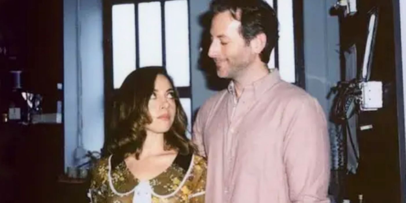 Aubrey Plaza looking at husband Jeff Baena